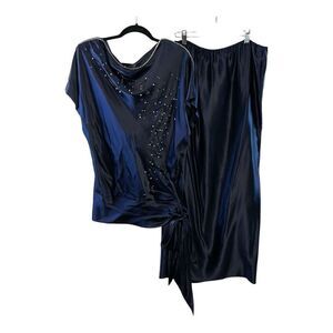 Christyne Forti Silk Skirt Suit Women’s Size 8 Navy Blue Rhinestone / faux Pearl